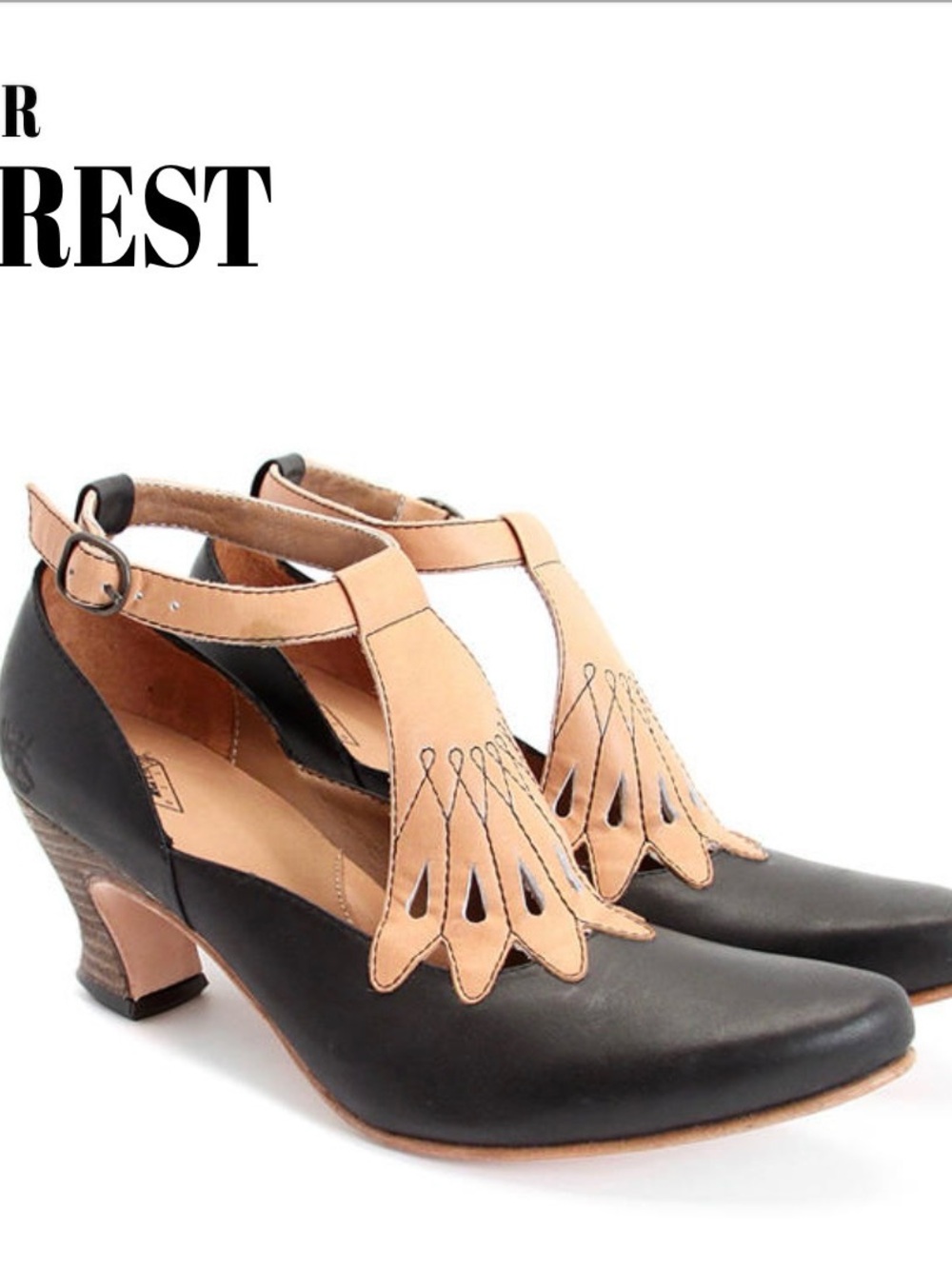 John Fluevog Black and Beige Retro T-Strap Scalloped Heels